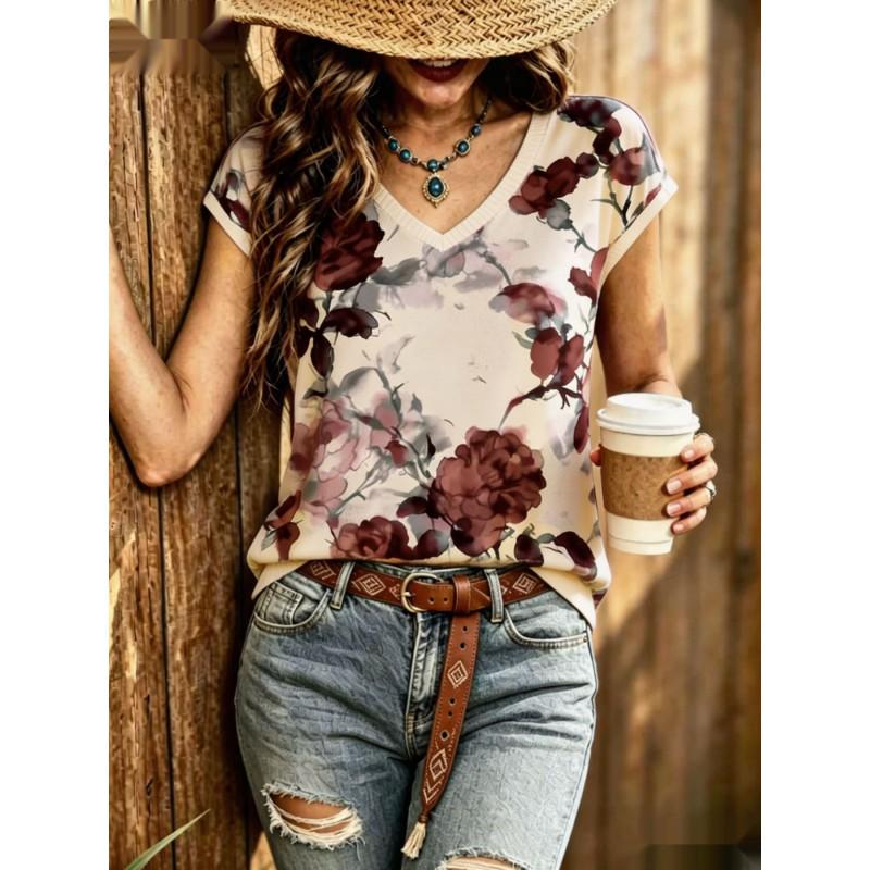 Womens V-Neck Short Sleeve Loose T-Shirt With Colorful Polka Dot Print Casual Oversized Top Daily Wear