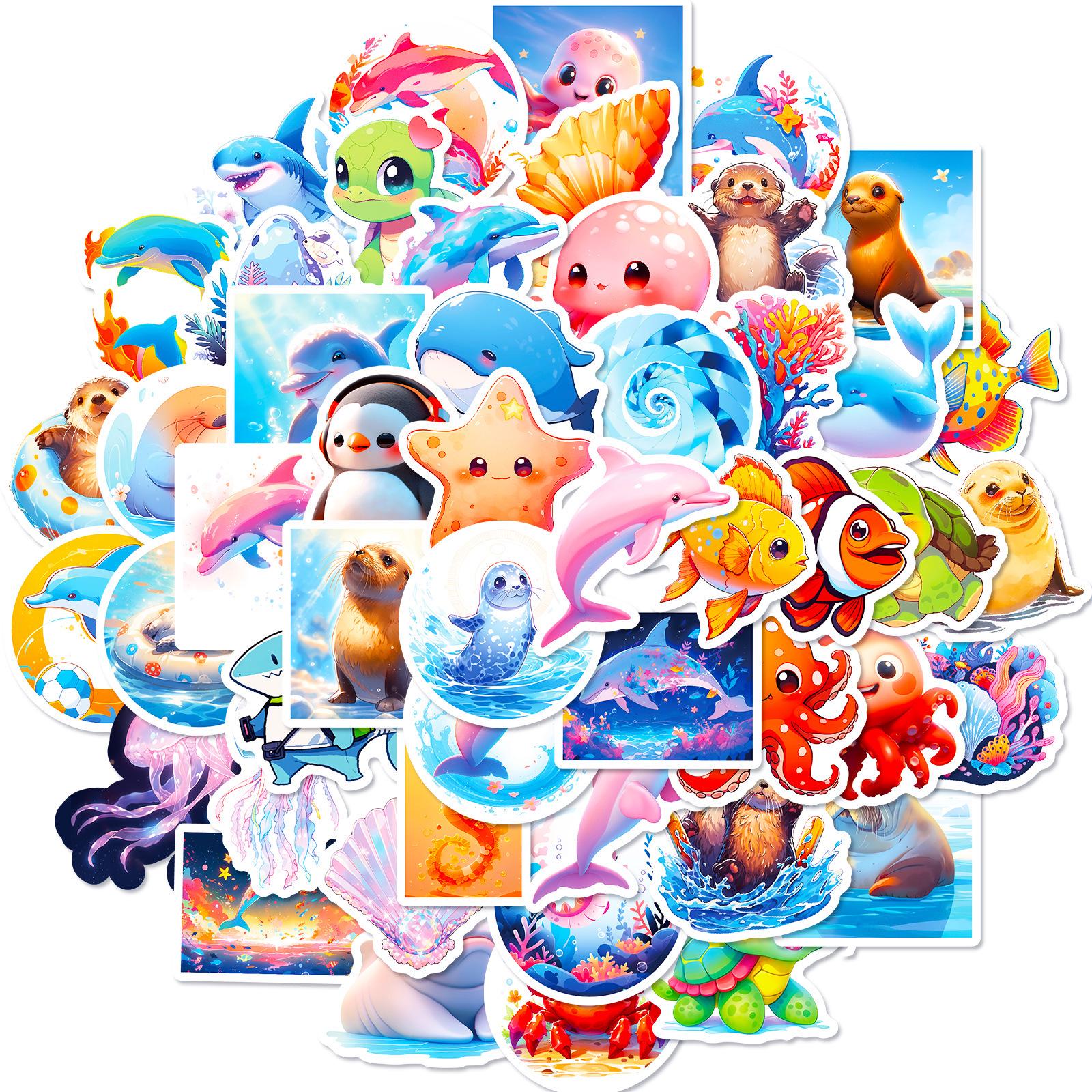 Cartoon Ocean Animals 3D Stickers - 50 Sheets Featuring Cute Sharks and More
