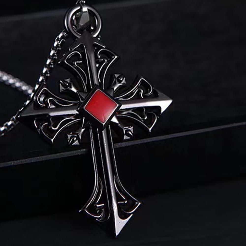 Fashion Personality Hollowed Out Pattern Red Gemstone Cross Pendant Necklace for Men Women Gothic Punk Halloween Jewelry Gifts