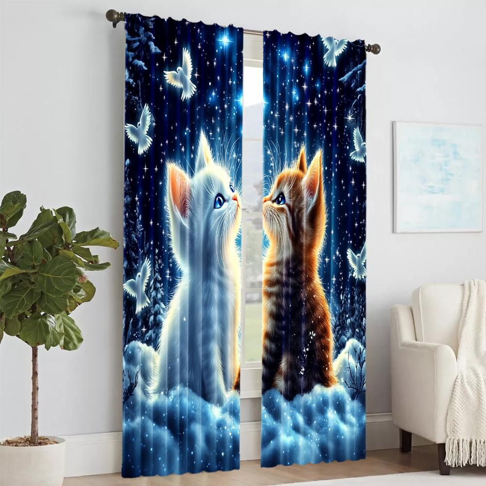 2Pcs Adorable Cat And Star Print Polyester Window Curtains Rod Pocket Design For Easy Hanging Home Decor Perfect For Bedroom