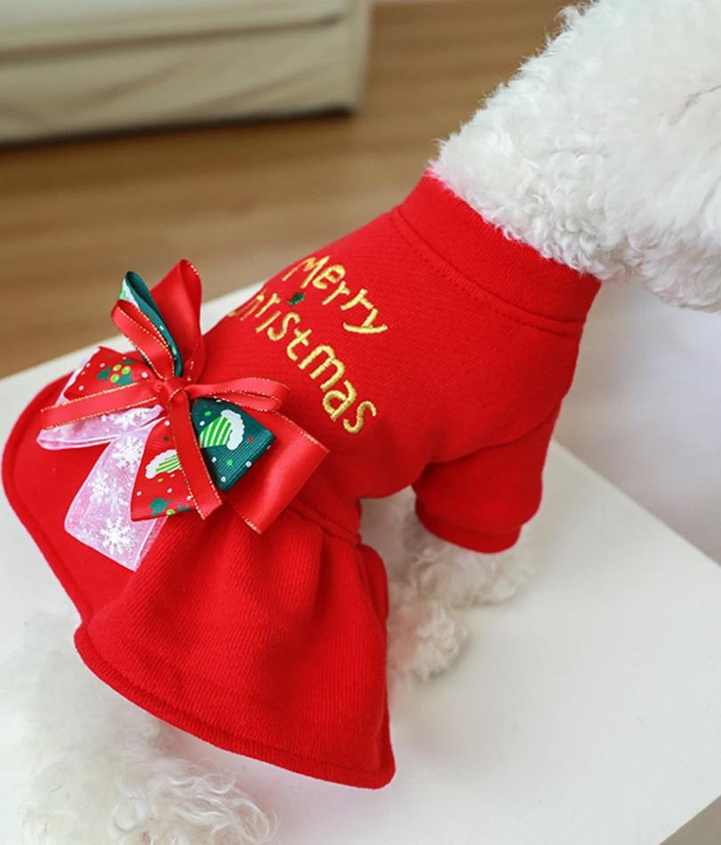 Weihnachtshund Prinzessinnenkleid Herbst Winter Warmer Fleece Rock Weihnachtselemente Fliege Verkleidung Kleiner Hund Cosplay Kostüm