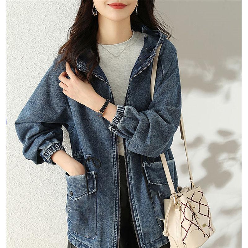 Receive Waist Denim Jacket Women's Spring And Autumn Fashion Korean Version Of Loose Plus Size Hooded Denim Casual Jacket Top