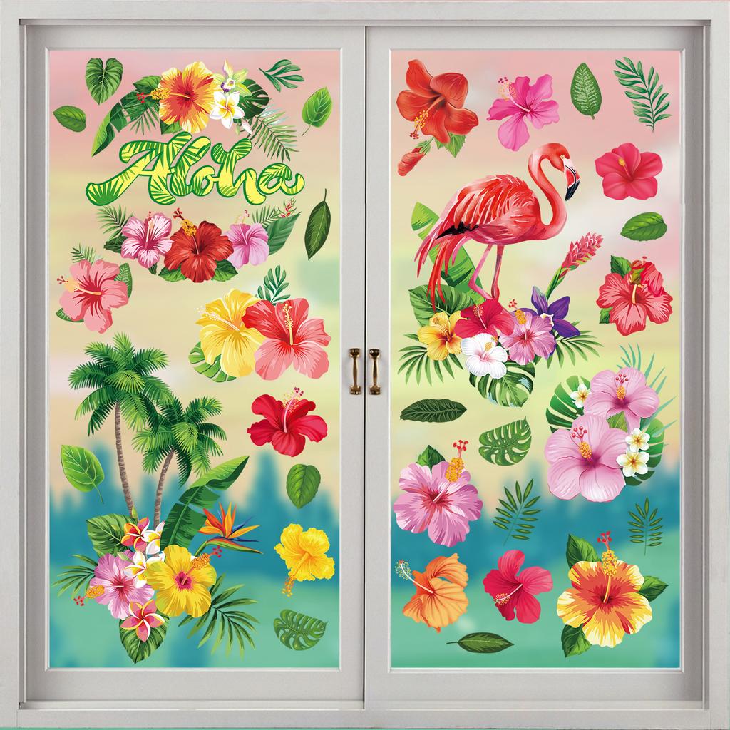 Summer Window Stickers Hawaiian Hibiscus Flower Static Stickers Decorate Party Window Stickers