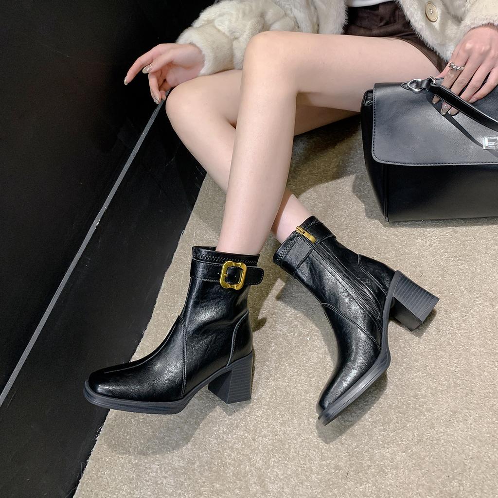 Platform short boots women's high heels autumn and winter velvet new belt buckle thin boots square head thick heel Martin boots