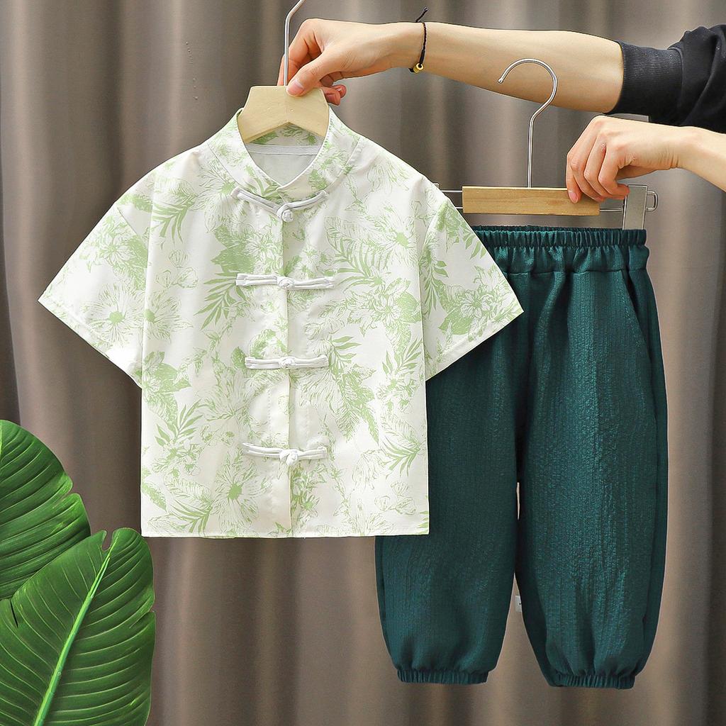 Set in stile cinese per ragazzi Estate Manica Corta + Pantaloni Capri Hanfu Abito Tang