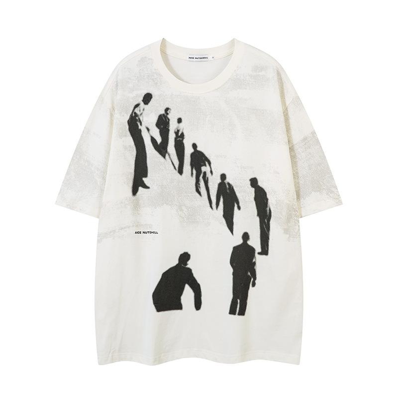 American Street Portrait Silhouette Short-sleeve T-shirt for Men, Summer Loose Trendy Brand Full of Dirt Dot Print Technique