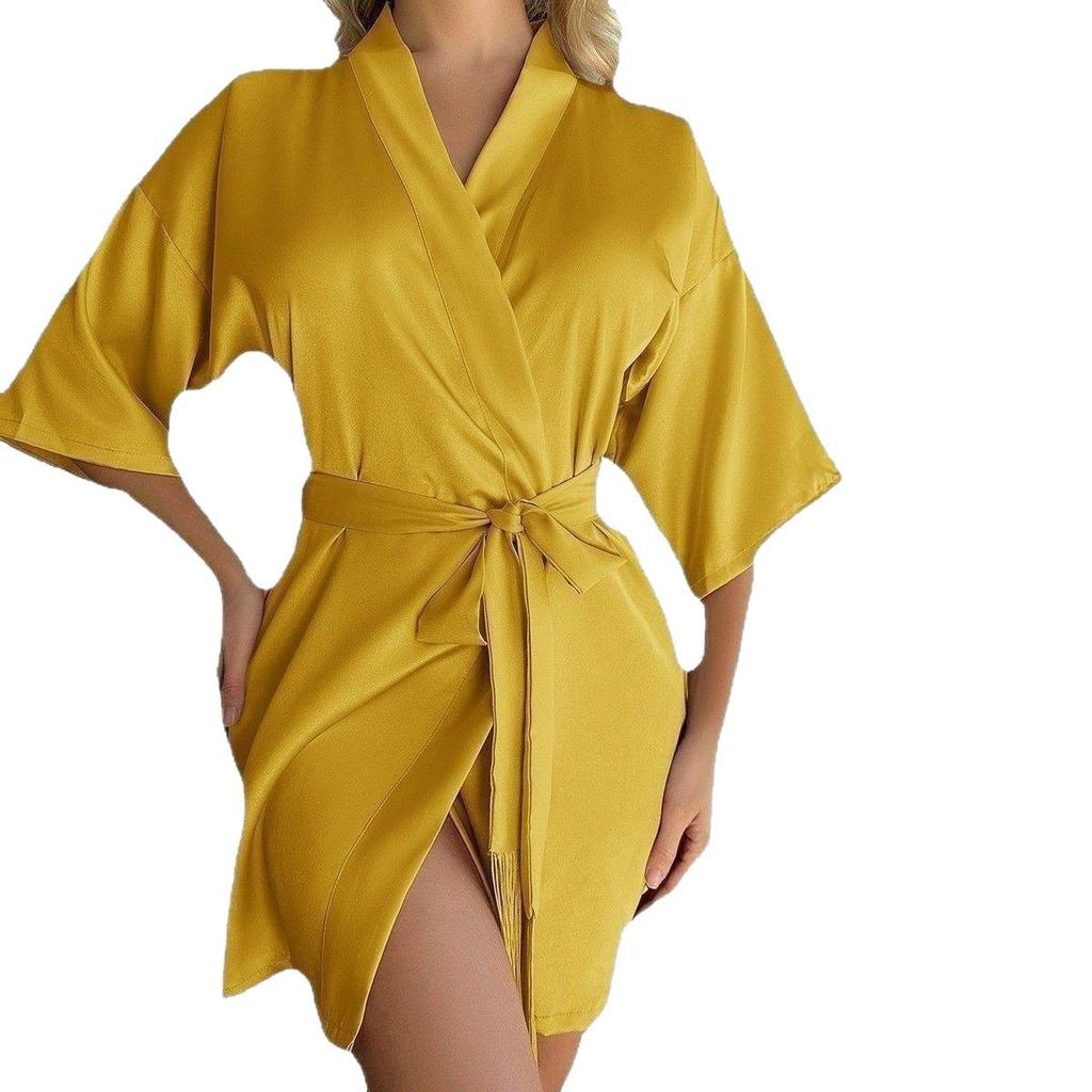 European & American Women's Mid-Sleeve Sexy Short Tassel Bathrobe Pajamas