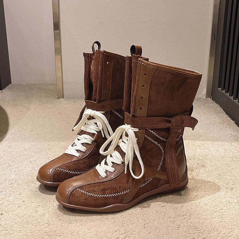 Luxury Vintage Booster Boots Women's Fall Autumn Winter Boxing Frosted Leather Lace-up Ankle Boots Zapatos De Mujer Hot Selling