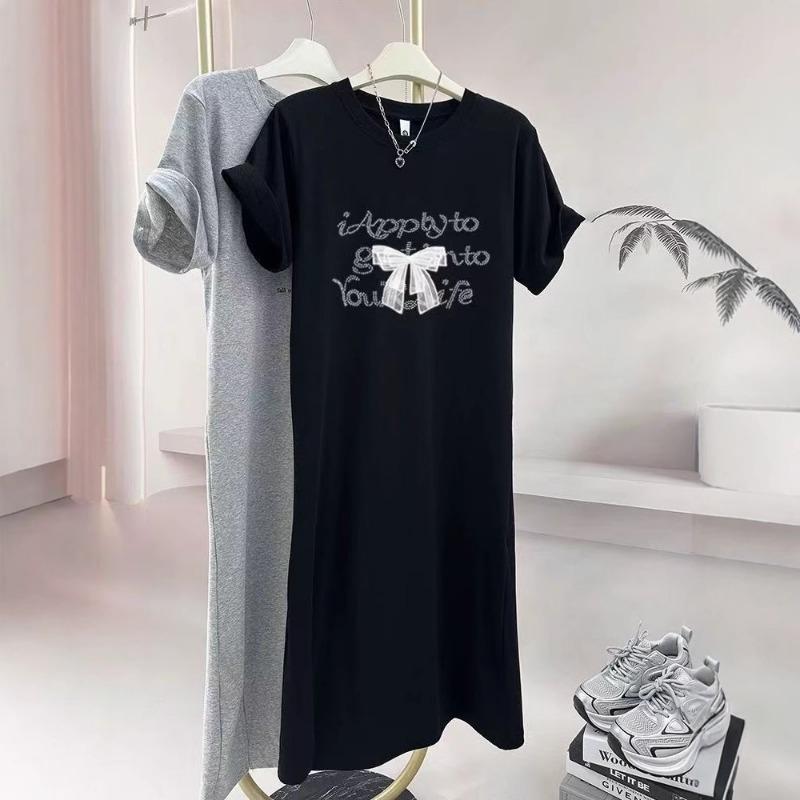Letter Print Dress,a Mid-length Over-the-knee Slit T-shirt for Women's Summer Casual Wear