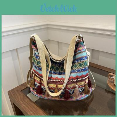 Fashionable Ethnic Style Canvas Tote Bag For Women With Large Capacity And Zipper Closure