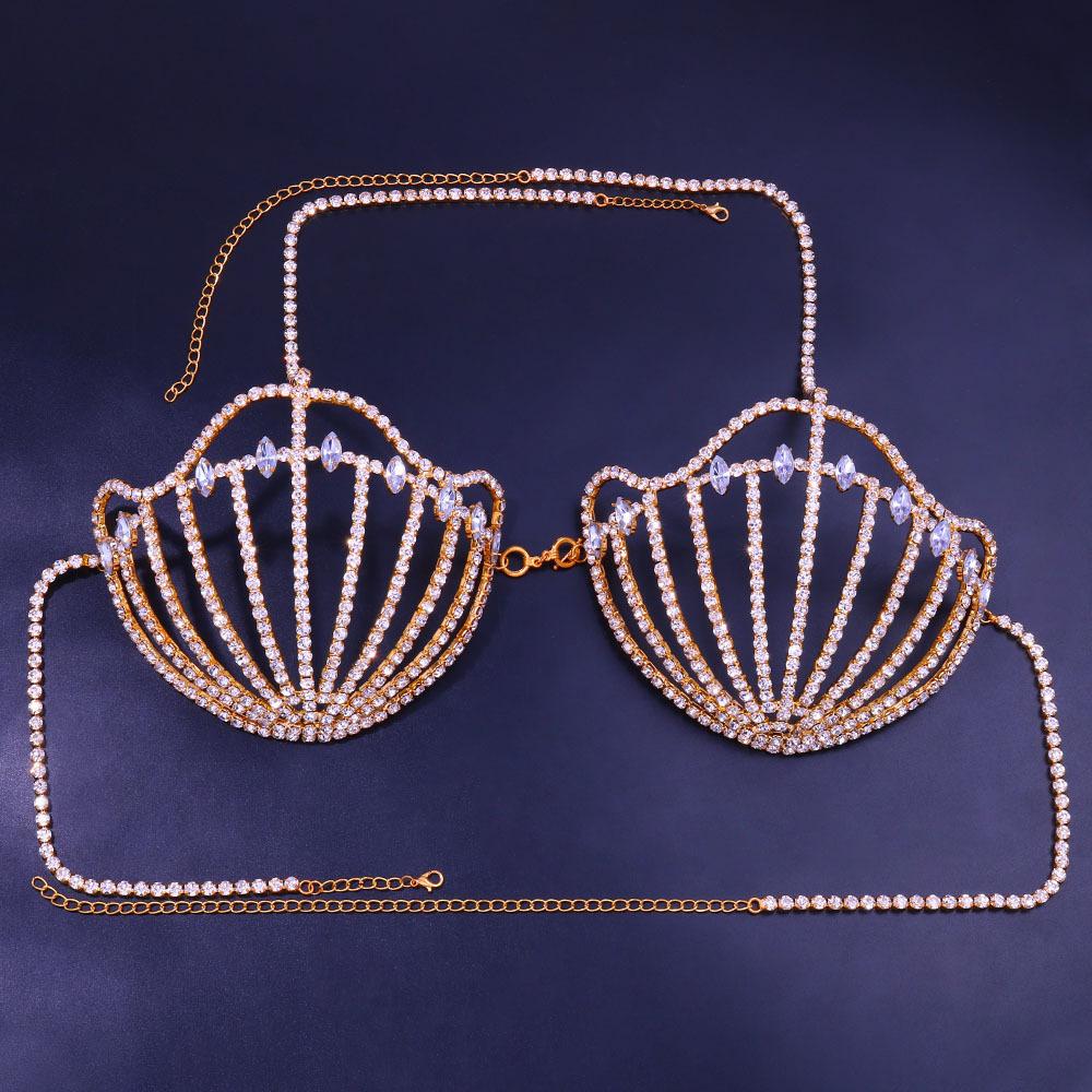 Full Shell Bra Top Wrapped Chest Hot Rhinestone Body Crystal Chain Shiny Women Sexy Lingerie With Diamond