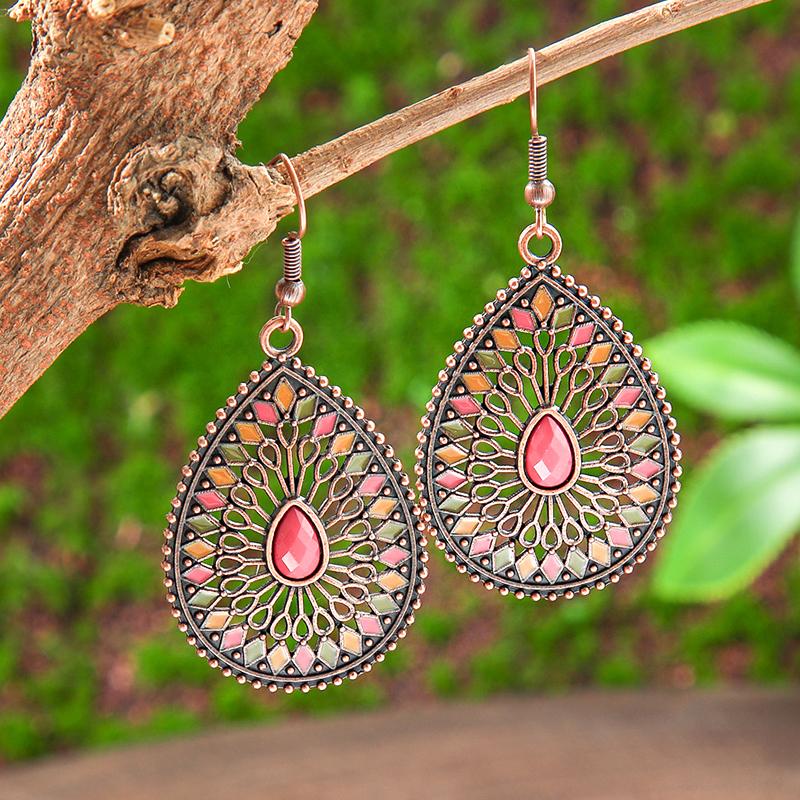 Ethnic Temperament Water Drop Earrings Necklaces Set for Women Vintage Hollow Drop Glaze Tassel Necklace Boho Female Jewelry