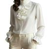1116 European and American New Temperament Commuting Loose Stand-up Collar Solid Color Ruffle Edge Shirt Women