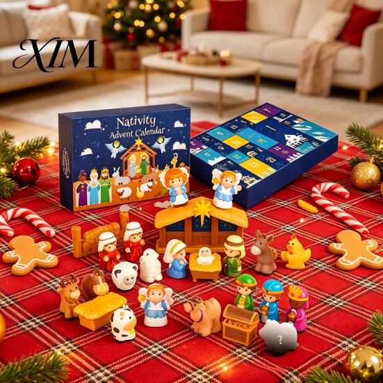 Interactive Christmas Surprise Toy 24 Days Nativity Advent Calendar for Kids, Countdown Decoration Children with Mini Figurines, Holiday