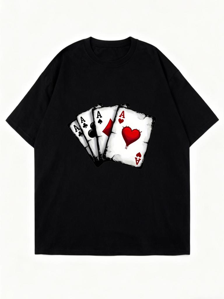 Oversized T Shirt Black Four Aces Playing Cards Print Casual Streetwear Fashion Top For Women Summer Outfit