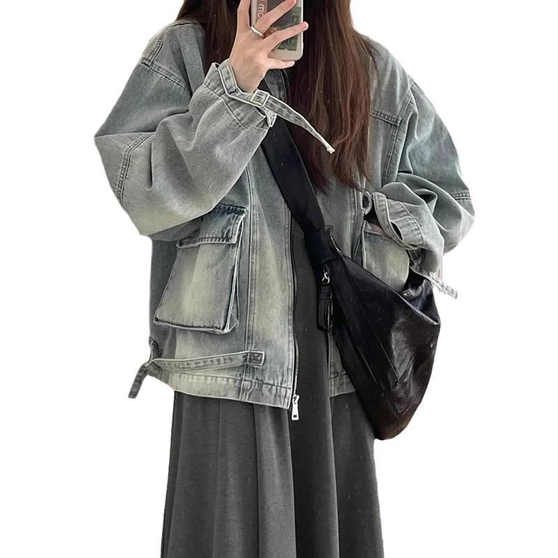 2024 Retro Distressed Denim Workwear Jacket - Patch Pocket, Loose Fit, Long Sleeve