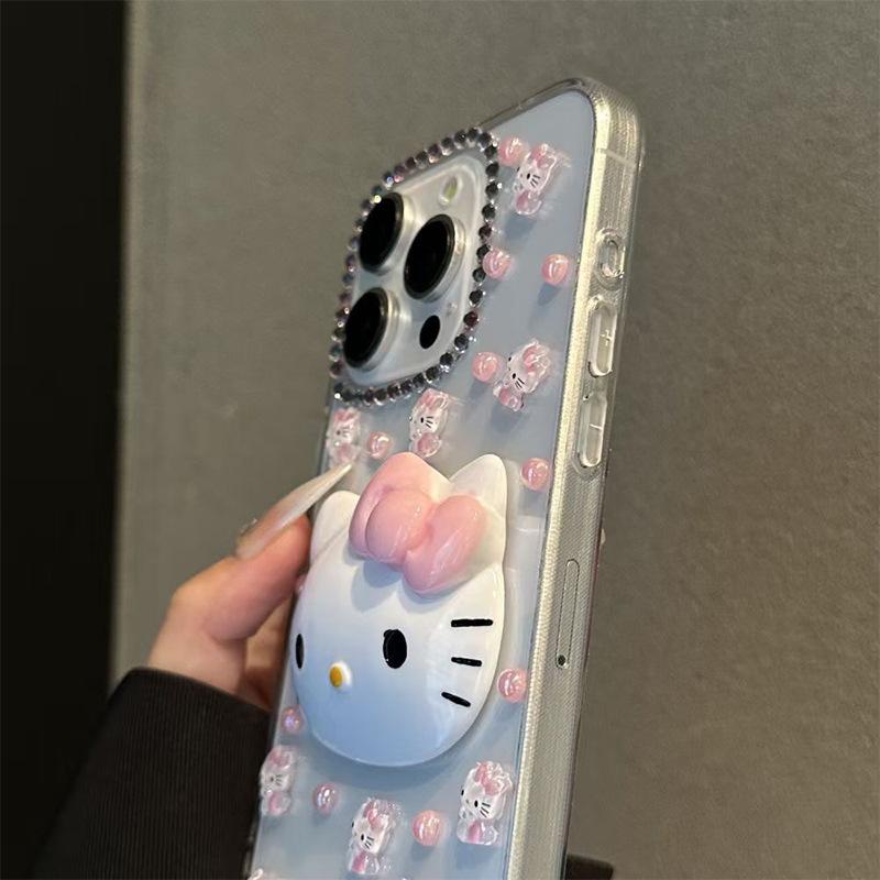 Rhinestone Pink Beads Kt Cat Mobile Phone Case for Iphone15Promax Transparent Iphone16 Acrylic 14