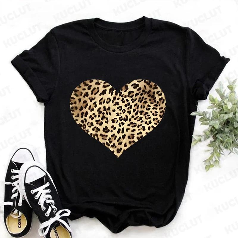 Fashion Unisex Tshirts Leopard Love Heart Print Tops Short Sleeve Clothing Ladies Harajuku Valentines Day Female Clothing