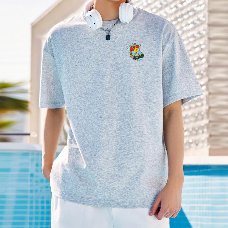 Anta Cartoon Letter Print Round Neck Short Sleeve T-Shirt Unisex Tops Gray 972328108-2