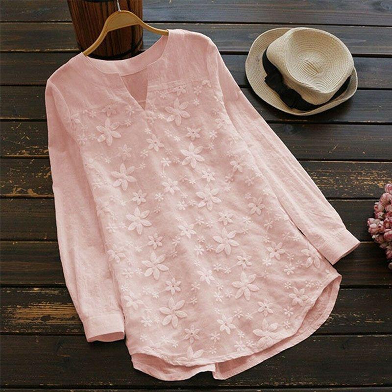 Womens Lace Blouse Floral Loose Long Sleeve Casual T Shirt Tops Linen Cotton L розовый