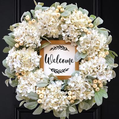 Premium Wedding Hydrangea Wreath Realistic Flowers with White Berries and a Built-in Welcome Sign, Suitable for Front Door