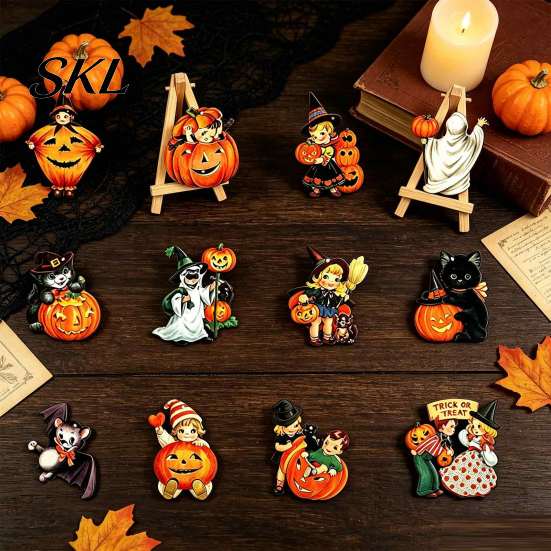 Halloween Wooden Hanging Ornaments Retro Pendants with Lanyard, Vintage Pumpkin Ghost Black Durable Character Cutouts Cat And Bat Designs for