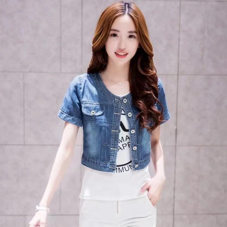 Shorts di Jeans Blu Estivi da Donna Giacca da Donna Coreana Manica Corta Vestibilità Larga Slim Scollo a O Sottile Sciarpa Giacca di Jeans Top Sottili