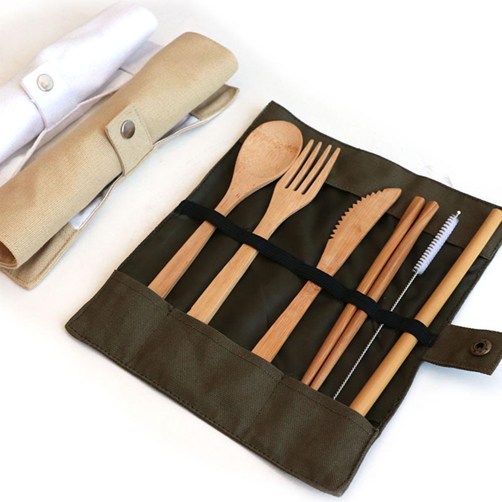 Reusable Bamboo Cutlery Set With Fork Spoon Knife Chopsticks Straw Outdoor Portable Travel Utensils