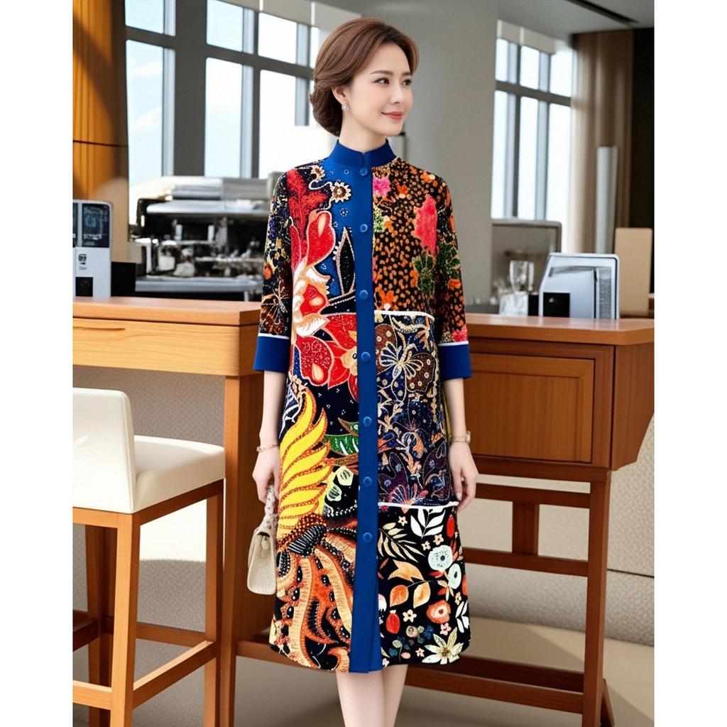 Spring 2026 Retro-Print Dress & Cardigan Set - Age-Reducing, Loose Fit, Plus Size Skirt