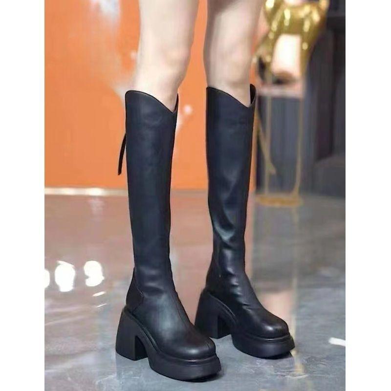 2025 New Thick-soled Thick-heeled Autumn and Winter High-heeled Cream Boots V-mouth But Knee Boots Knight Boots Boots Boots