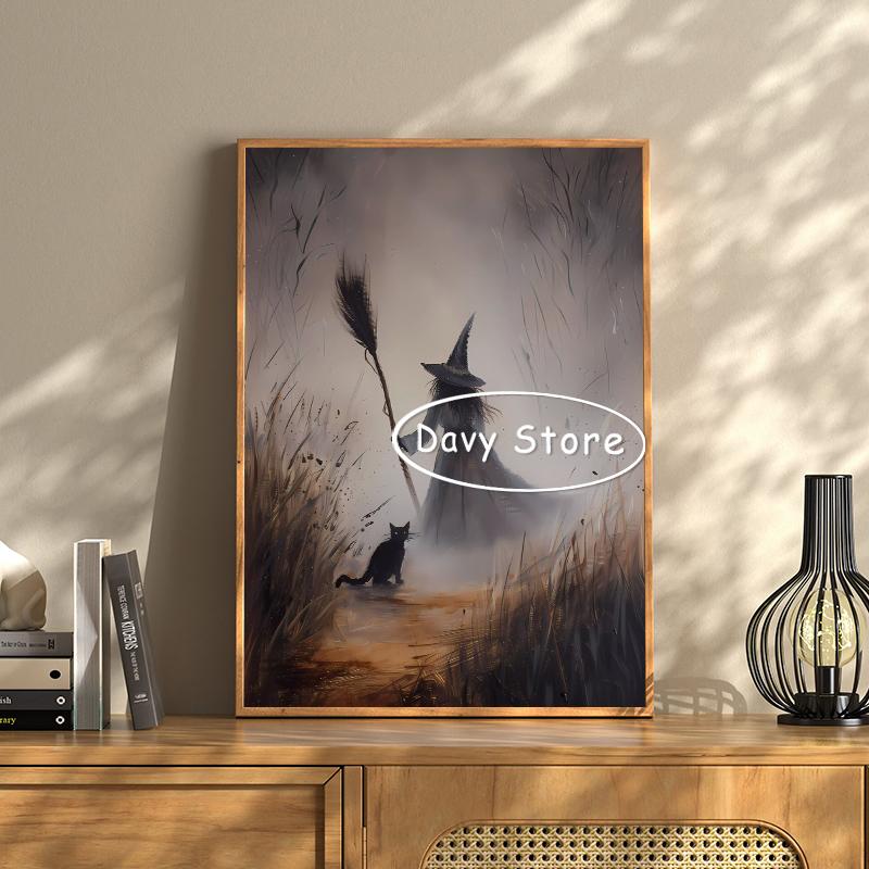 Vintage Witch Black Cat Dark Academia Poster Print Canvas Painting Halloween Witchy Wall Art Picture Gothic Room Home Decor