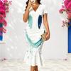 Women Plus Size V Neck Short Sleeve Leaf Printed Fitted Fishtail Dress