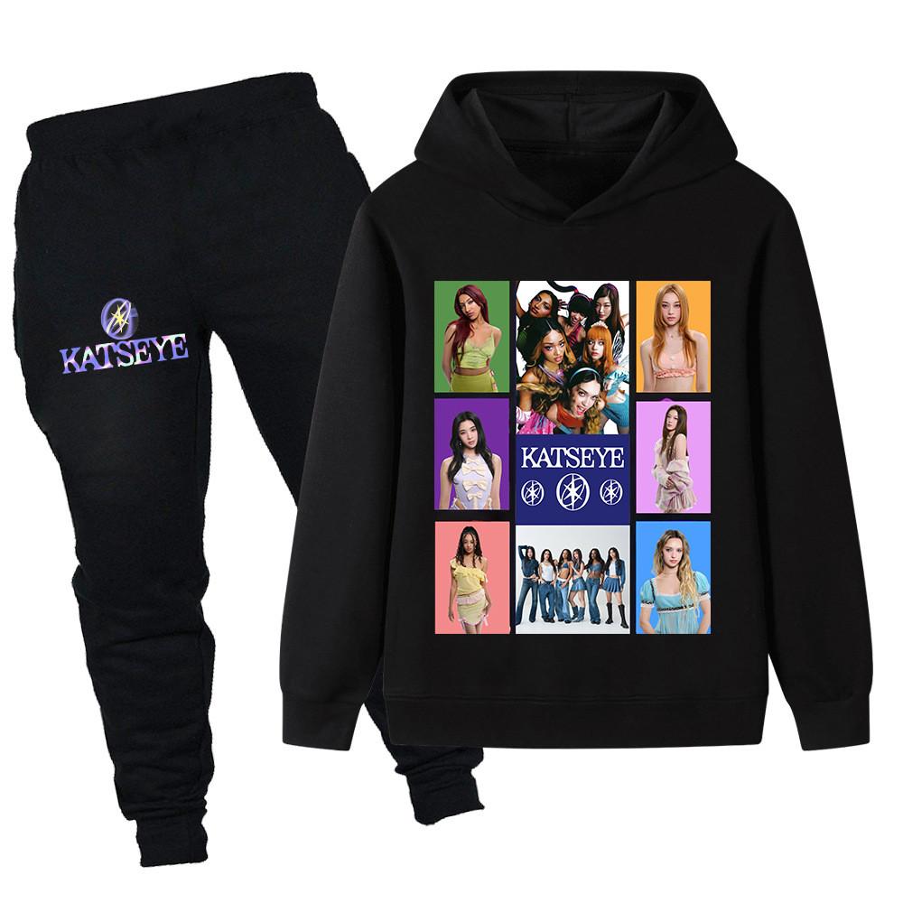 PB1316 Kids Girls KATSEYE Print Long Sleeves Hoodie Pants Trousers Clothes Sets 110cm