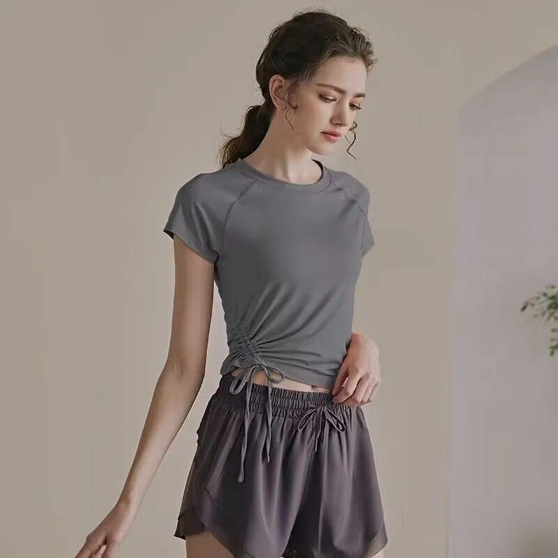 

Yoga Clothes Short Sleeve Tops Women s Summer Casual Short Drawstring Skinny Running Fitness Quick-Drying Clothes Sports T-shirt Women Flower Ash S