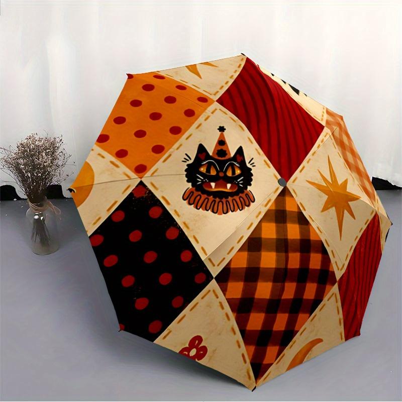 1pc Halloween Cat Automatic Open/close Folding Compact Umbrella, 8-Rib Sturdy Canopy, Lightweight Portable, Everyday Use, Gift, Outdoor Umbrella, Trav