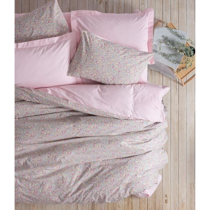 Parure de lit - 1 housse de couette 220 x 240 cm + 2 taies d'oreiller 60 x 60 cm - 100% coton renforcé - Rose