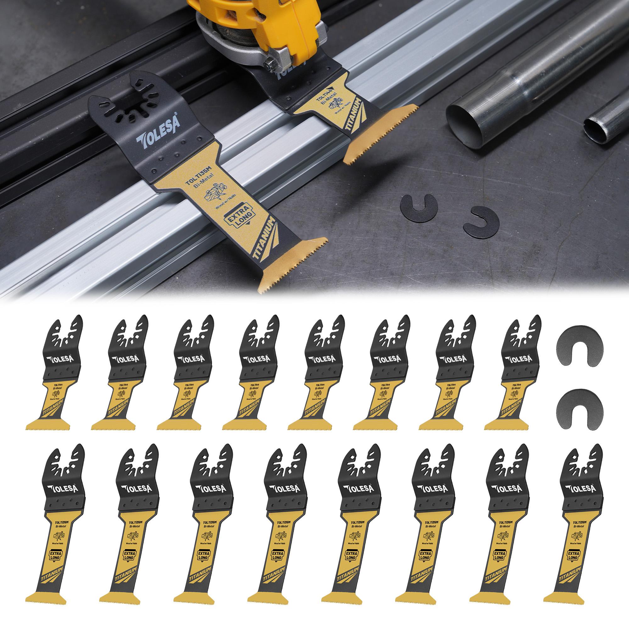

TOLESA 16pcs Extra-Long Titanium Oscillating Saw Blades Multi-Purpose Set for Metal, Wood, Plastic Universal Bi-Metal Saw Blade Multipurpose Cutting
