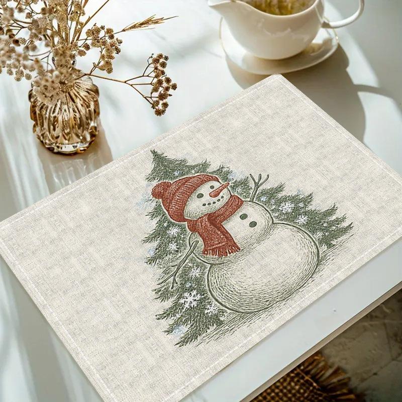 Christmas Linen Placemat Table Coffee Mat Poinsettia Pine Tree Snowflake Cone Merry Christmas Beige Red Green Elegant Decorative