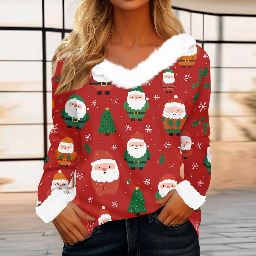 Women's Casual Fashion Long Sleeve Christmas Printed Flannel Collar Top