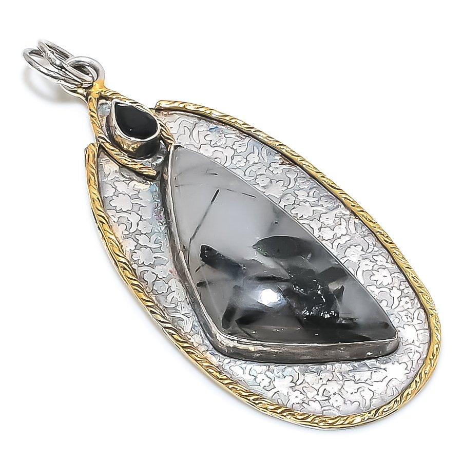 

Двухцветный кулон из стерлингового серебра 925 пробы с натуральным черным рутилом и шпинелью, размер 3,07 дюйма, j1m10