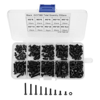 Kit Assortimento Bulloni Vite Dadi Testa Bombata Esagonale M3 Neri Grado 10.9 da 300 Pezzi