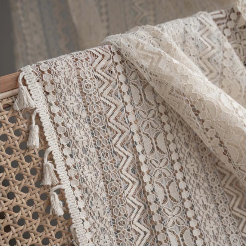 Винтажная геометрическая кружевная штора с узором  волна  и кисточками, Романтичные полупрозрачные кружевные шторы с фильтрацией света для гостиной, спальни, кухни, доступны разные размеры W60xH90cm бежевый