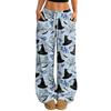 Women's Casual Halloween Print Wide Leg Pants with Elastic Waist and Drawstring for Loose Fit