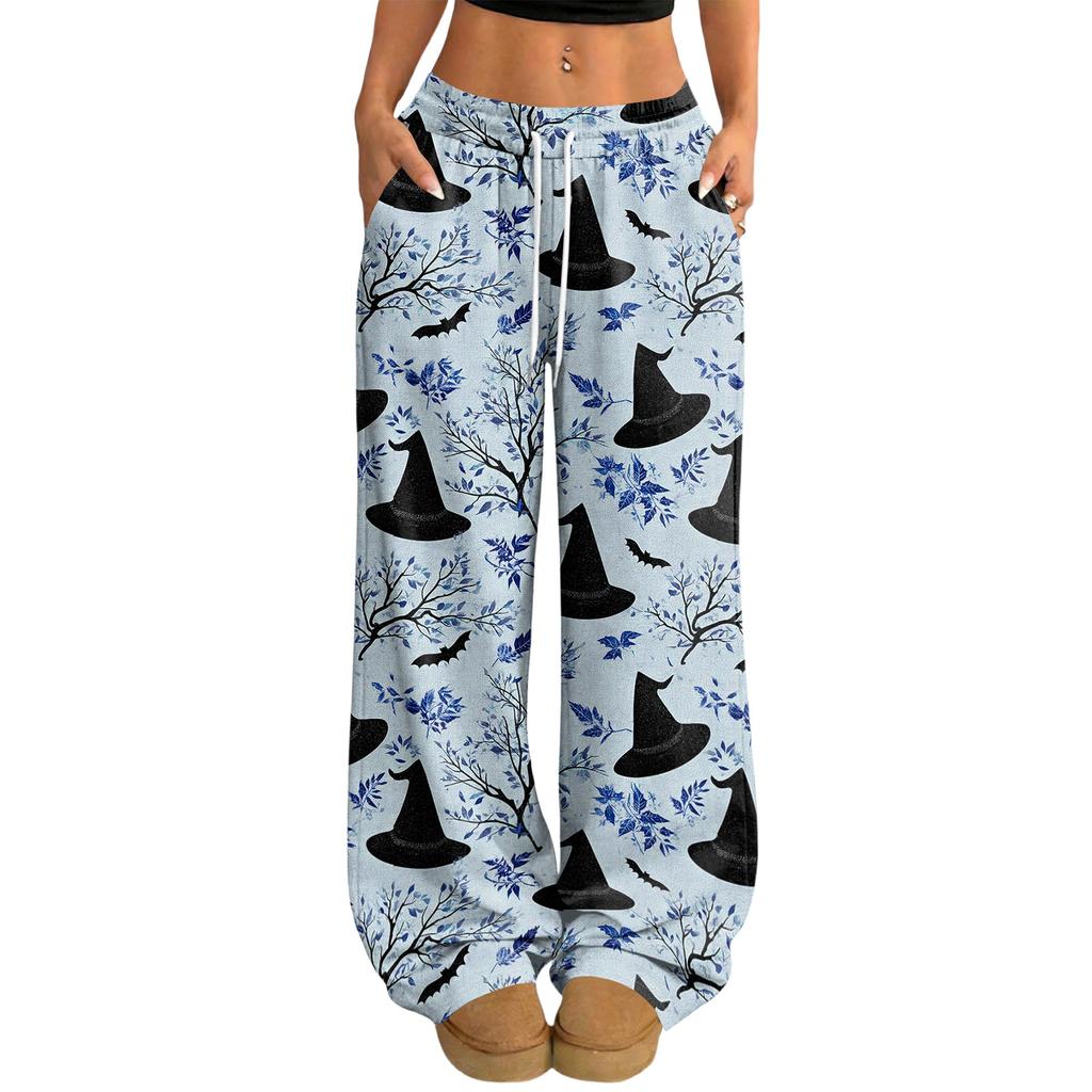 Women's Casual Halloween Print Wide Leg Pants with Elastic Waist and Drawstring for Loose Fit