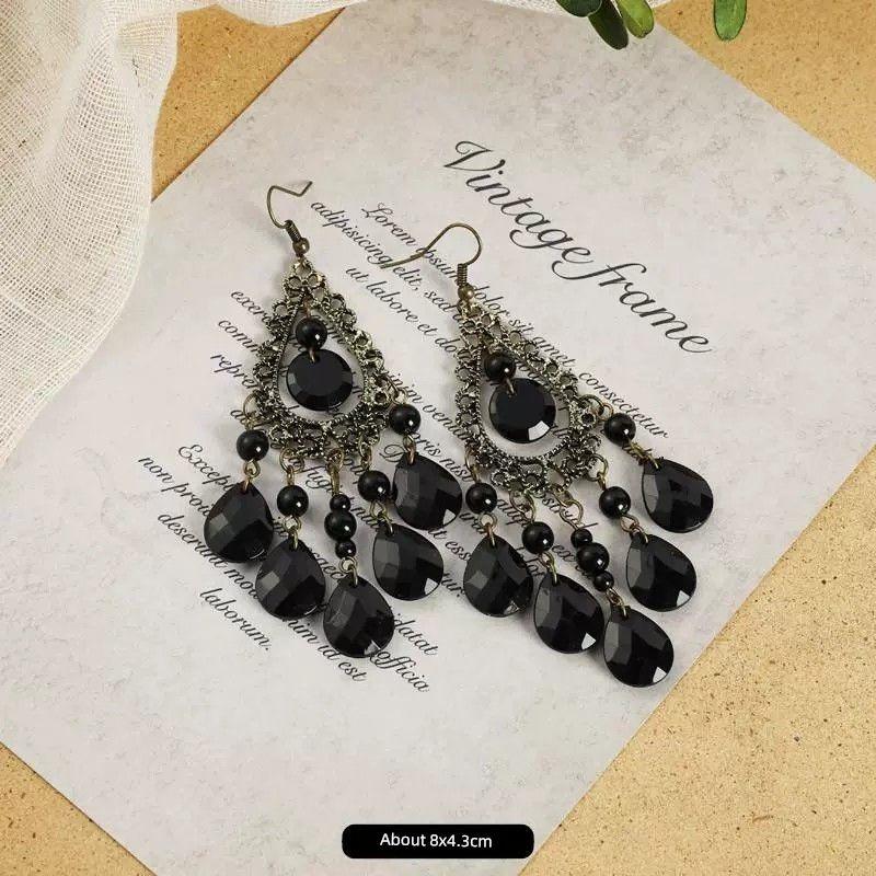 Niche Style Fashion Retro Long Female Elegant Tassel Earrings 1-Retro Black Water Drop