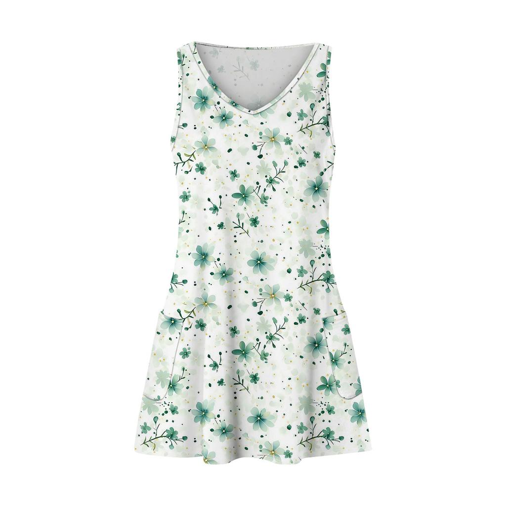 Women's Casual Summer Tank Dresses With Pockets Small Floral V-Neck Sleeveless Dresses