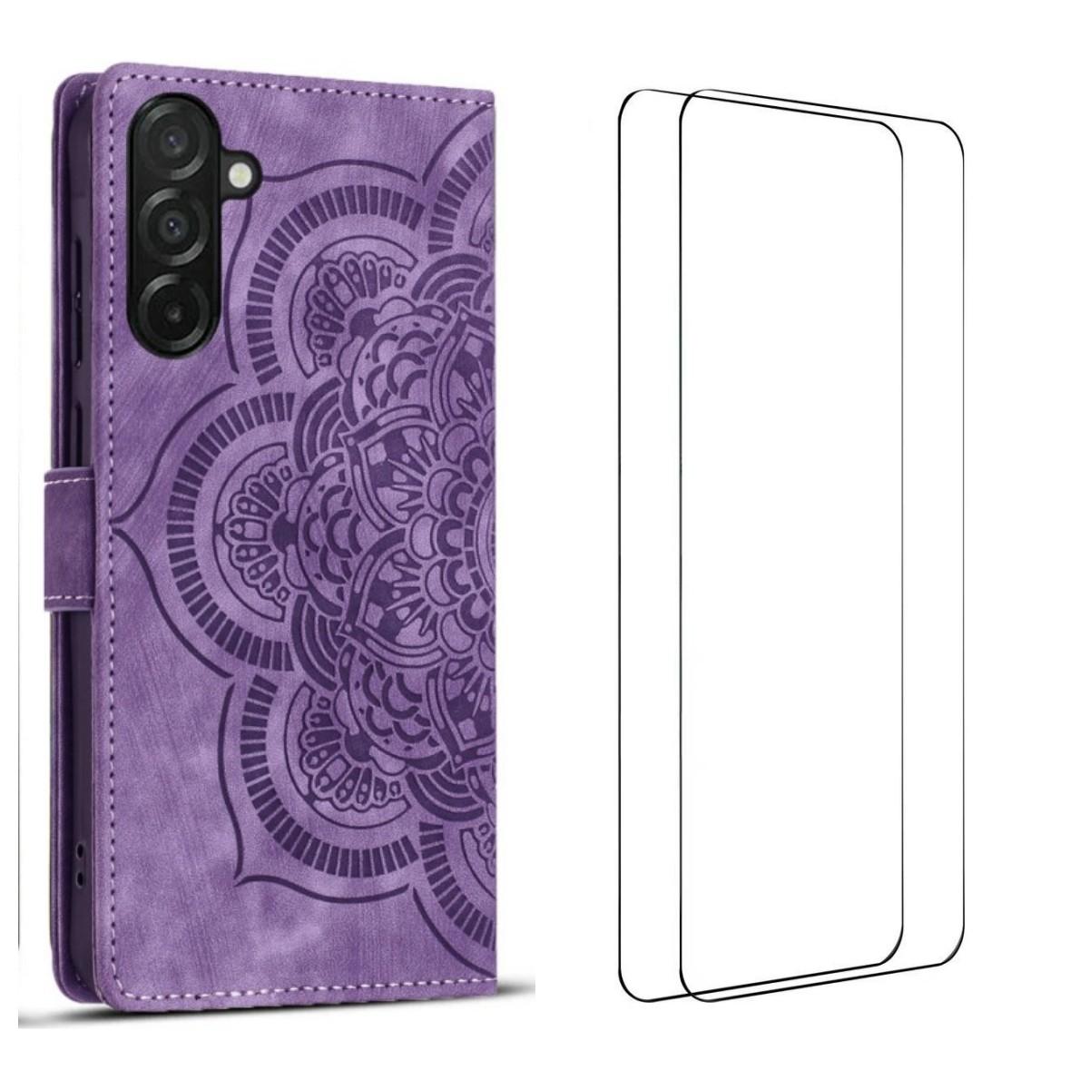 

For Samsung Galaxy S25+ Case with 2Pcs Tempered Glass WANLONFENG MTL Series Mandala Leather Phone Cover Purple