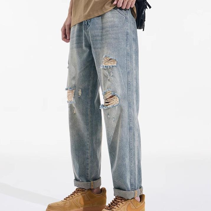Ripped jeans men's new spring and summer washed pants men's loose straight casual versatile beggar trousers