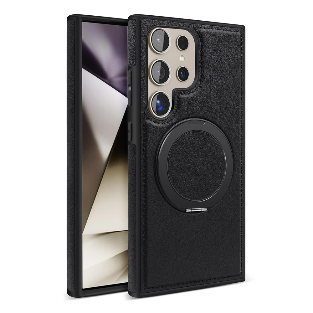 Genuine Leather Phone Case For Magsafe Samsung S24 S25 Ultra S23 S22 Ultra Plus Magnetic Rotating Metal Holder Stand Back Cover