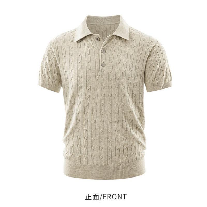 Men Business Casual Cable Knit Short Sleeve Collared Polo Shirt